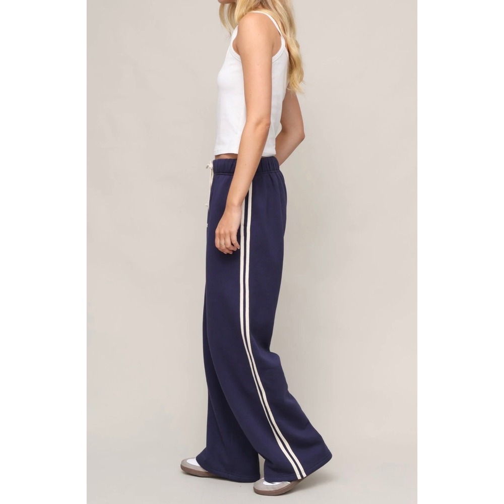 Jac Parker Navy Blue Wide Leg Striped Side Sweatpants Womens Large NEW